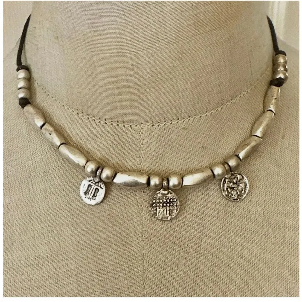 Silver Tone Beaded Leather Necklace with Textured Disc Charms